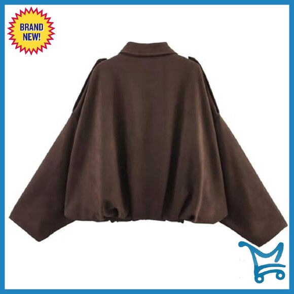 Oversized Faux Suede Bomber Jacket Lapel Zip Up Streetwear Outerwear - Picture 5 of 8